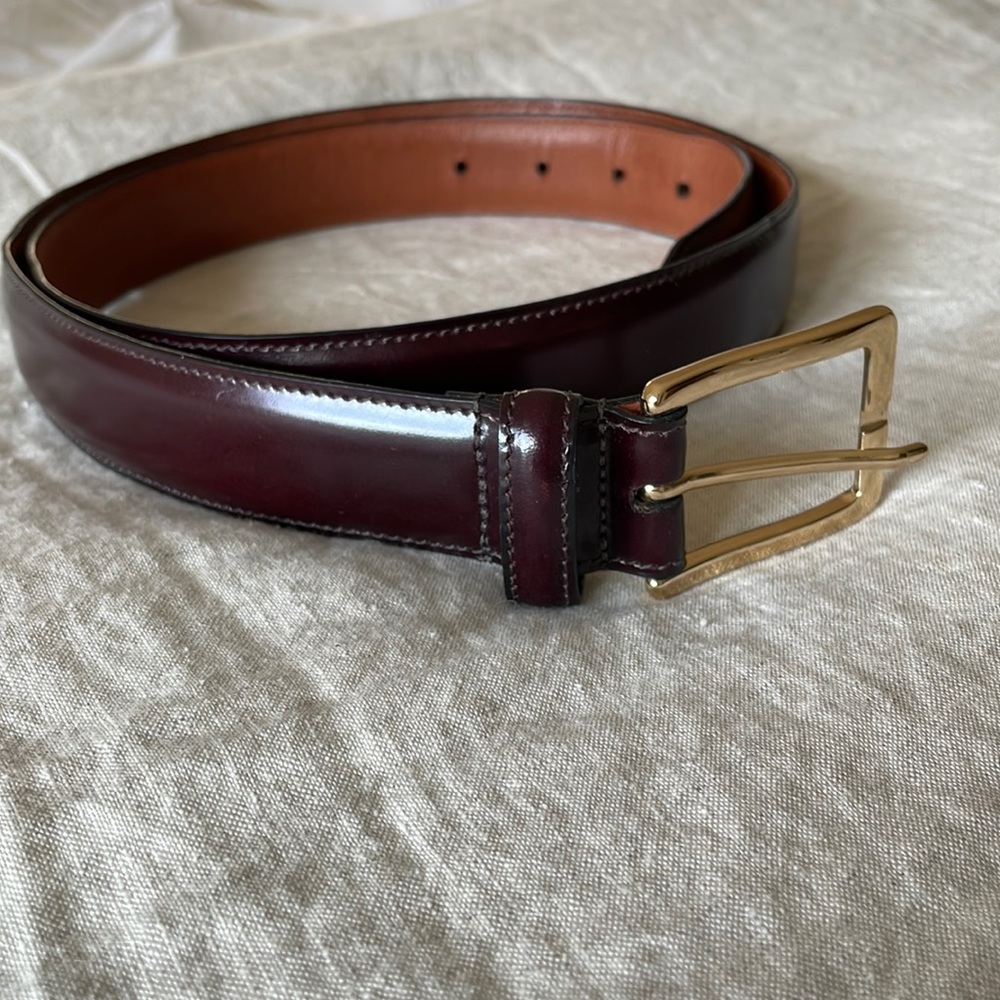 Cole Haan dark cordovan colored leather belt with brass buckle size 38